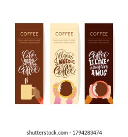Mug in hand and the phrase lettering about coffee. Graphic design lifestyle lettering. Handwritten lettering design elements for cafe decoration and shop advertising. Coffee banner collection.