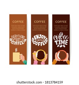 Mug in hand and the phrase lettering about coffee. Handwritten lettering design elements for cafe decoration and shop advertising. Coffee banner collection. Graphic design lifestyle lettering.