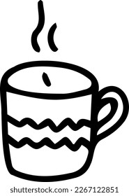 Mug con una manija. Copa con té. Ilustración vectorial en blanco y negro, dibujada a mano. Objeto aislado sobre un fondo blanco. Clipart, plantilla, esbozo.