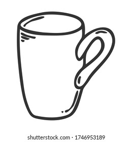 Mug with handle in Doodle style. Kitchen utensils. Design element for decorating menu, recipes, and food packaging. Hand drawn and isolated on white. Black-white vector illustration.