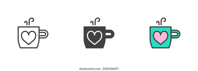 Mug with heart different style icon set. Line, glyph and filled outline colorful version, outline and filled vector sign. Love and valentines day symbol, logo illustration. Vector graphics