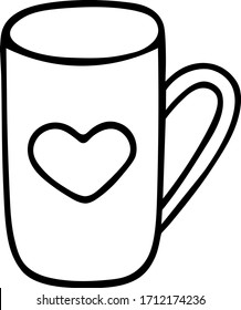 Mug with a heart. Dishes for a hot drink. A pause for a cup of tea. Vector illustration. Outline on an isolated background. Doodle style. Sketch. Love mug design. Work online. Web design, menu.