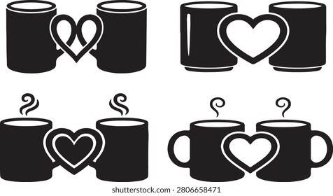  Mug Heart Icon Set, Couple Coffee Silhouette Vector