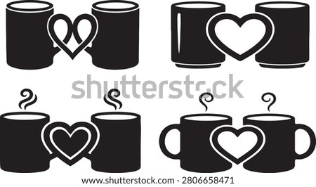  Mug Heart Icon Set, Couple Coffee Silhouette Vector