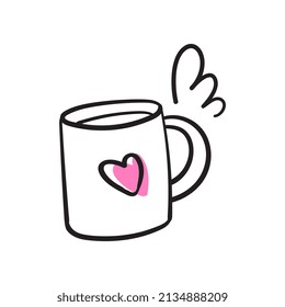 Mug con un dibujo lineal del corazón. Ilustración vectorial en estilo doodle.