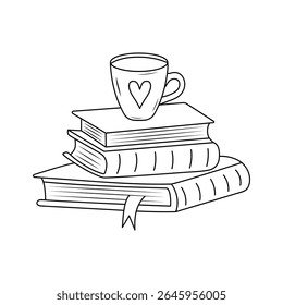 Mug with heart on a stack of books. Doodle line vector illustration.