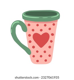 Mug with heart. Pink cup with red heart. Illustration for for greeting card, pattern design, print, sticker.	