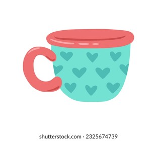 Mug with hearts. Light green cup with green hearts. Illustration for for greeting card, pattern design, print, sticker.