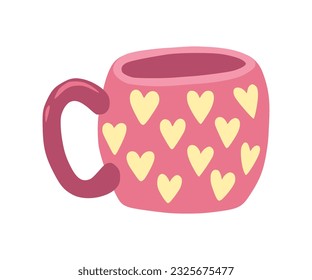 Mug with hearts. Pink cup with yellow hearts. Illustration for for greeting card, pattern design, print, sticker.