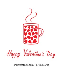 Mug with hearts and steam. Happy Valentines day card. Vector illustration.