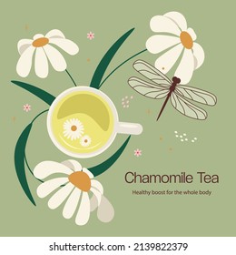 Taza de té de hierbas entre las flores de camomila. Composición para el diseño de empaque de té. Ideal para hacer té, carta de bebidas, panadería, dulces y dulces, productos de salud. Ilustración de Vector de arte plano