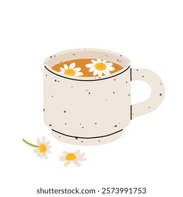 Mug of herbal tea among the chamomile flowers. Composition for tea packaging design. Suitable for tea shop, drinks menu, baking, candy and sweets, health care products. Flat Art Vector illustration