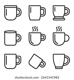 Mug and Hot Beverage Icons Set. Simple Line Art Illustrations of Various Coffee Mugs
