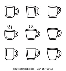 Mug and Hot Beverage Icons Set. Simple Line Art Illustrations of Various Coffee Mugs
