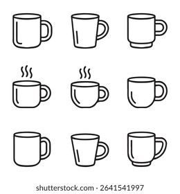 Mug and Hot Beverage Icons Set. Simple Line Art Illustrations of Various Coffee Mugs
