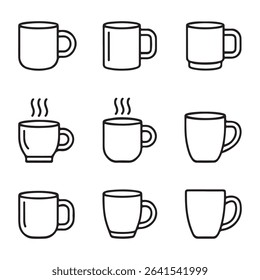 Mug and Hot Beverage Icons Set. Simple Line Art Illustrations of Various Coffee Mugs
