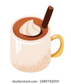 Taza de chocolate caliente con canela. Bebida dulce de cacao. Ilustración vectorial plana sobre fondo blanco aislado.