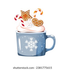 Mug of hot chocolate, cocoa. Christmas drink with cinnamon, candy canes, gingerbread. Vector illustration.