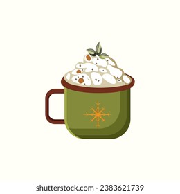 Mug of hot chocolate, cocoa. Drink with cream and marshmallows. Vector illustration. Autumn and winter
