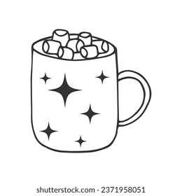 Mug of hot chocolate cocoa with marshmallows in doodle style. Hand drawn winter autumn seasonal warm drink. Cozy holiday illustration. Black cup with beverage isolated on white