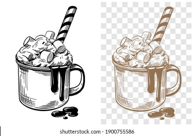 Mug With Hot Chocolate, Cocoa, Warm Drink. Hand Drawn Vector Outline On Transparent Background