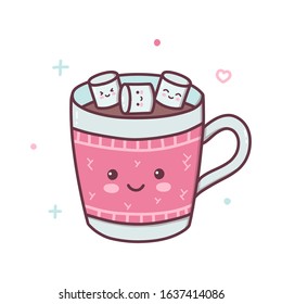 A Mug Of Hot Chocolate Or Cocoa In Which Marshmallows Are Bathed. Kawaii Cartoon Character Isolated On A White Background. Vector Illustration.