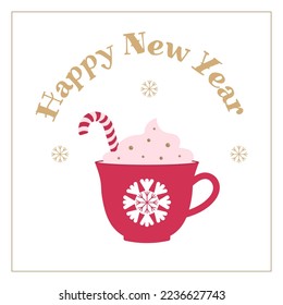 Mug of hot chocolate or coffee, latte, cappuccino with cream and caramel cane. Christmas card in a minimalist style with seasonal wishes. Template for postcards, invitations, congratulations, print.