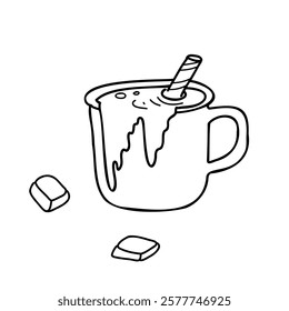 Mug of hot Chocolate with cookie and chocolate bars isolated on white background. Vector Hand drawn illustration of a Cup with sweet Drink in Doodle style. Perfect for Holiday and Christmas cards