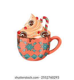 Mug of hot chocolate with cream, cookies, and candy cane. Christmas drink on isolated background. Vector illustration.