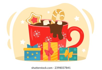 Mug of hot chocolate. Cup with hot drink near gift boxes. Christmas and New Year beverage. Winter holidays. Poster or banner. Cartoon flat vector illustration isolated on white background