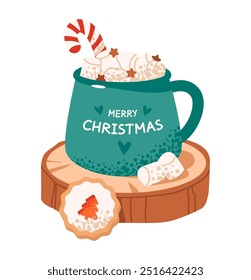 Uma caneca de chocolate quente com pão de gengibre e marshmallows, decorada com uma bengala de doce de Natal. Natal de férias Sweets.Flat ilustração vetor.