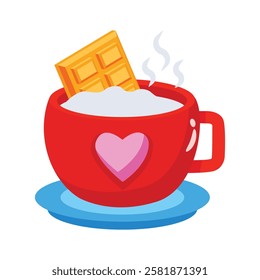 Mug of hot chocolate with a heart and chocolate piece.