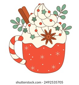 Mug of hot chocolate with marshmallows and christmas candy. Cozy winter composition with a cup of hot chocolate. Sweet coffee with Christmas dessert. Christmas sweet food and drink. hot chocolate