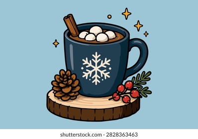 Mug of hot chocolate with marshmallows and cinnamon stick, winter vector illustration