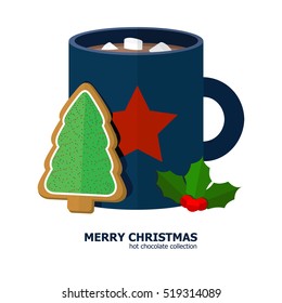 Mug of hot chocolate with marshmallows and gingerbread tree cookie on Christmas theme setting.