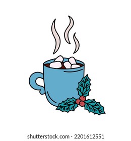 Mug of hot chocolate with marshmallows and holly leaves. Isolated sweet cocoa beverage. Christmas holiday and winter cozy evening symbol. Vector doodle illustration.