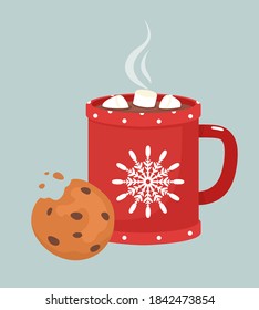 Mug with hot chocolate, marshmallows and traditional chocolate chip cookies. Vector illustration.