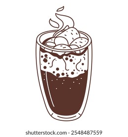 Una taza de chocolate caliente con malvaviscos. Refresco de invierno con cacao en un diseño plano sobre un fondo blanco. Un vaso aireado con una bebida caliente. Una ilustración separada