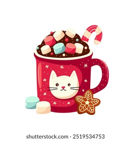 Taza de chocolate caliente en forma de gato con malvaviscos y pan de jengibre. Ilustración vectorial, dibujos animados. Año Nuevo. Ilustración vectorial plana