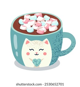 Mug of hot chocolate in the shape of a cat with marshmallows. cocoa, coffee, latte, drink, tea. Vector illustration,