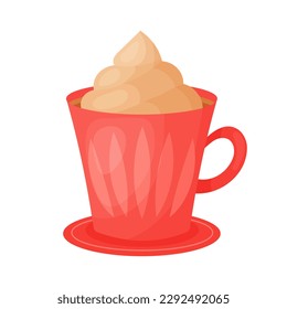 Mug of hot chocolate with whipped cream, in a red mug, on a white background