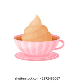 Mug of hot chocolate with whipped cream, in a pink mug, on a white background
