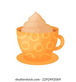 Mug of hot chocolate with whipped cream, in a orange mug, on a white background