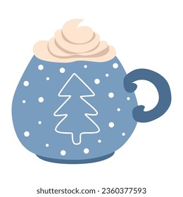 Mug of Hot chocolate with Whipped cream, in a blue cup with snowflakes and Christmas tree. Vector flat cartoonillustration Isolated on a white. Template for Christmas Holiday decoraion, Placard.
