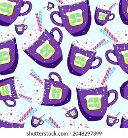 Mug of hot cocoa or coffee with whipped cream and sprinkles. flat vector illustration.