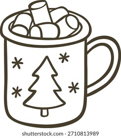 Uma caneca de cacau quente e marshmallows, desenhado à mão, estilo doodle monocromático. Uma bebida quente tradicional, Natal, Ano Novo. Para temas de inverno e decorações. Ilustração plana vetorial. Ícone.