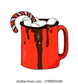 mug with hot cocoa and marshmallows, sweet candy cane. New Year's concept for coloring with an image of a cozy mug with a drip of hot drink. Hand drawing