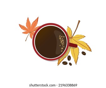 Mug of hot coffee, autumn maple leaves. Vector icon.