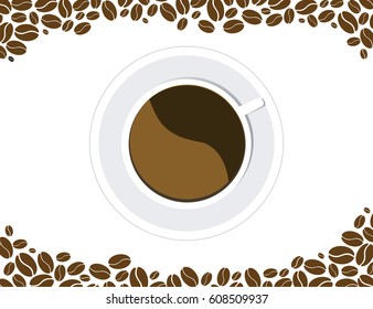 Mug of hot coffee and coffee beans on white background