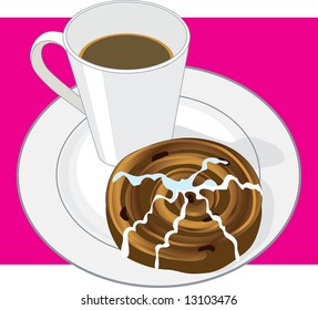 A mug of hot coffee and a cinnamon bun on a white plate